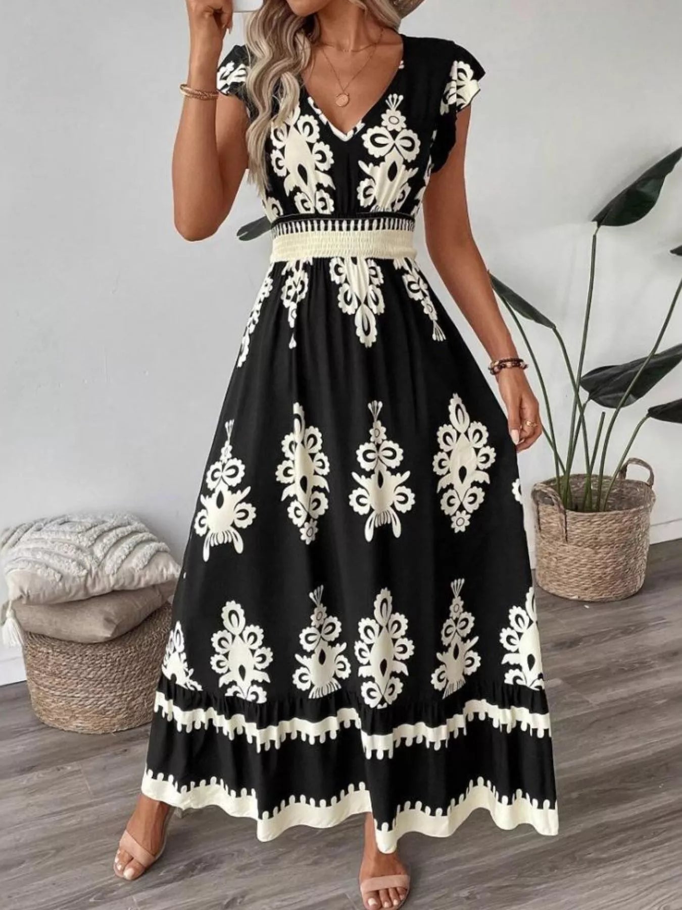 Printed V-Neck Ruffled Cap Sleeve Dress