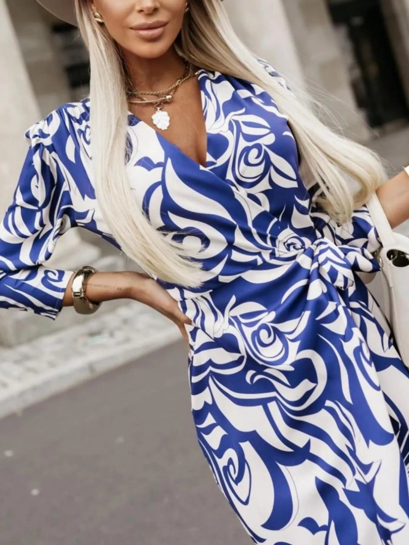 Printed Surplice Long Sleeve Wrap Dress