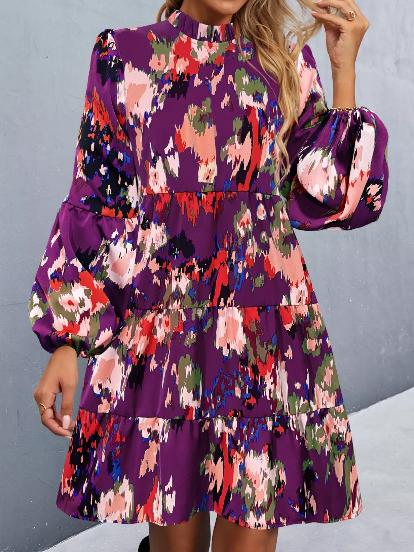 Printed Balloon Sleeve Mini Dress