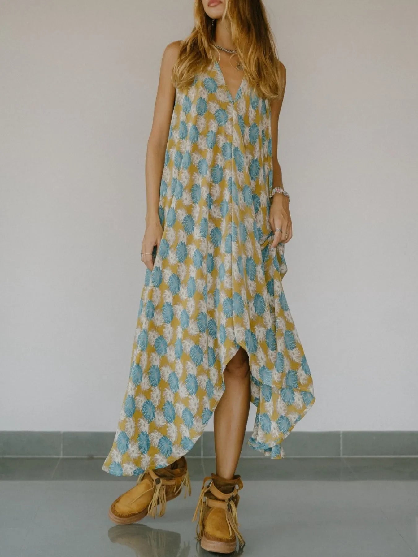 Asymmetrical Hem Printed Halter Neck Dress
