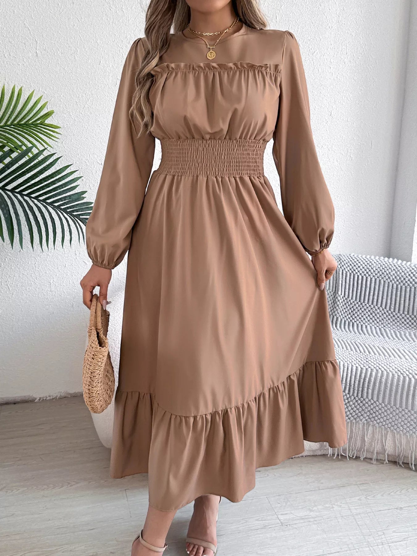Round Neck Balloon Sleeve Tiered Dress