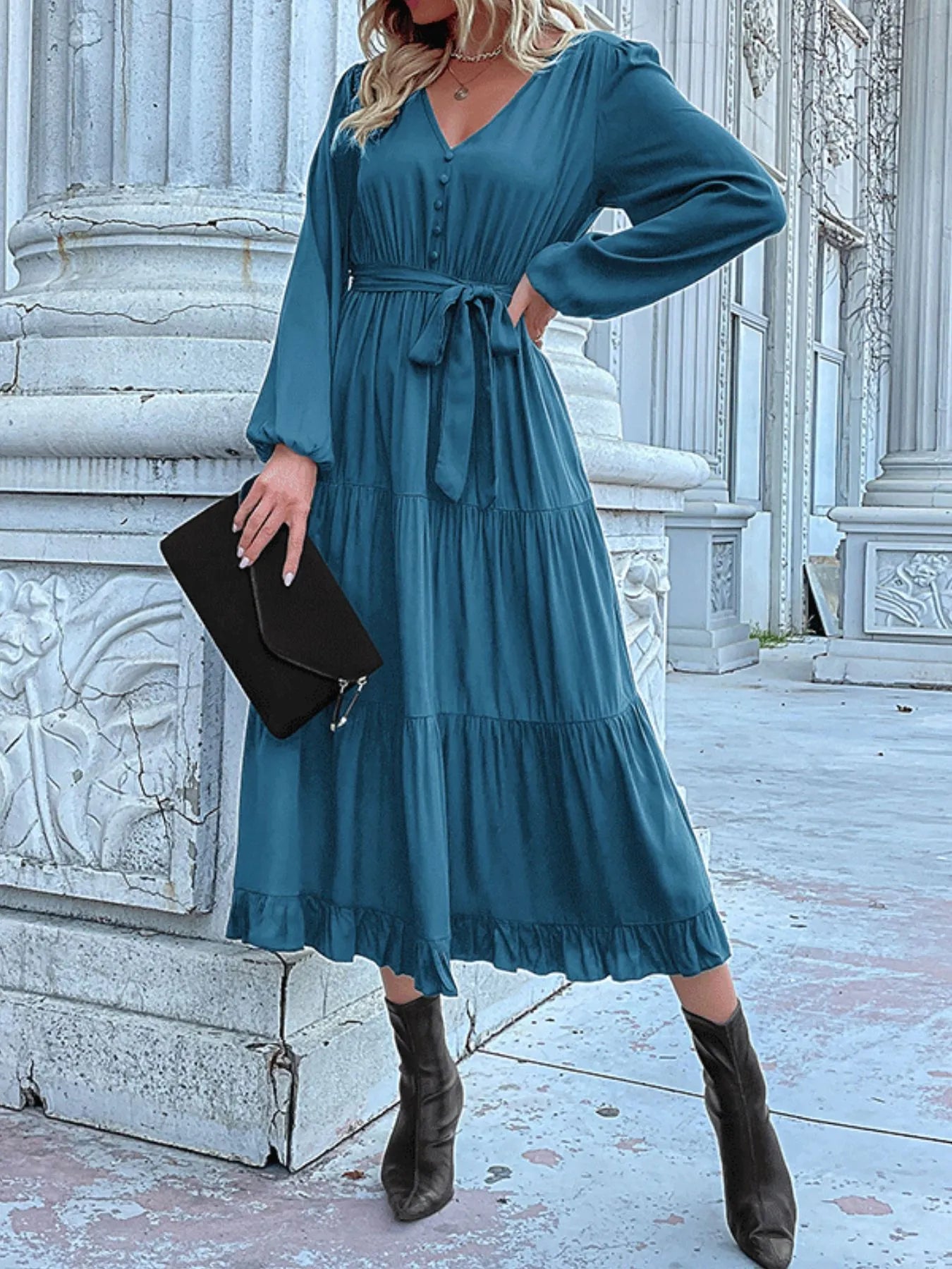 Ruffled Hem V-Neck Balloon Sleeve Dress