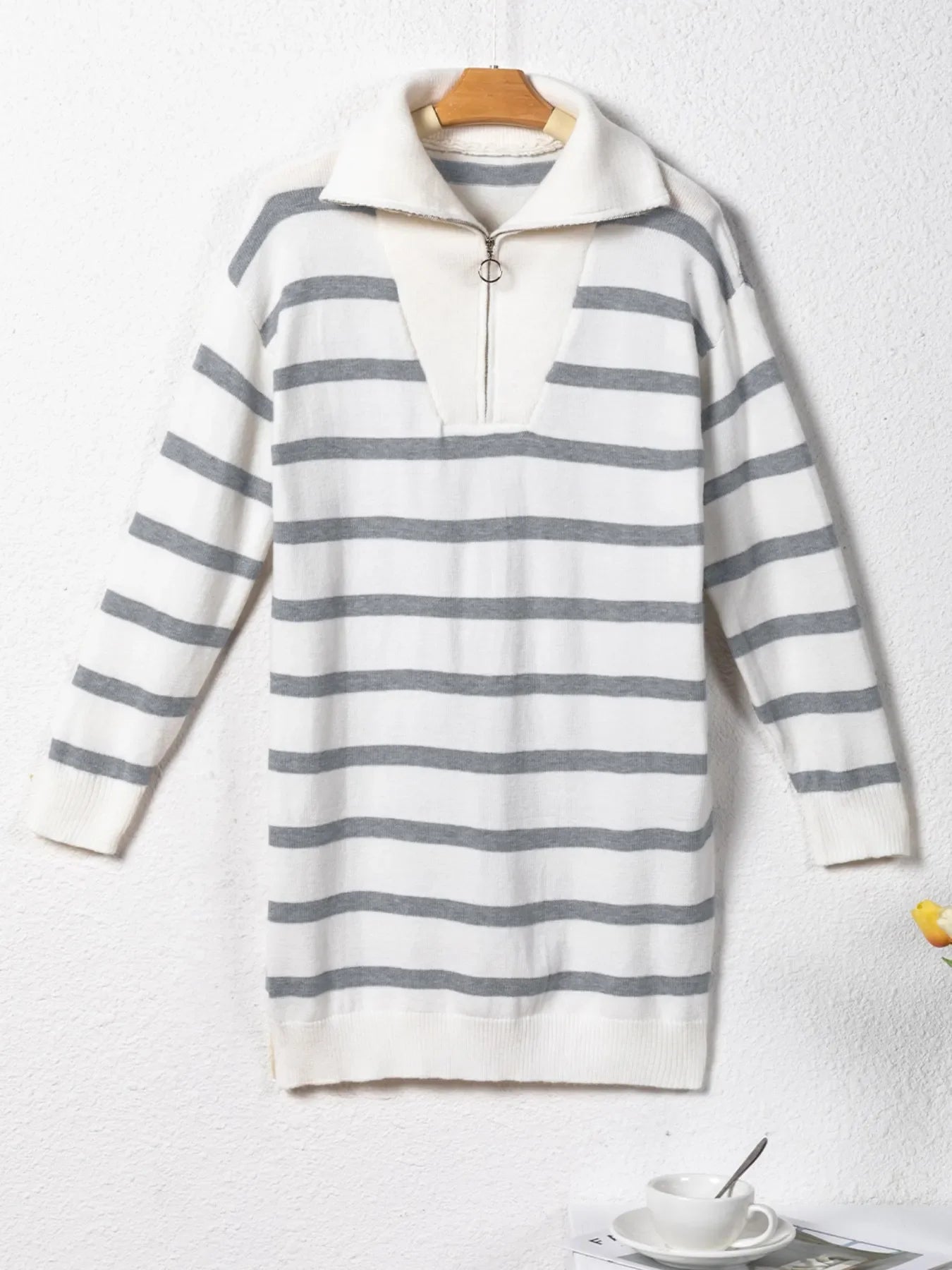 Striped O-ring Zip Collared Loose Sweater Mini Dress