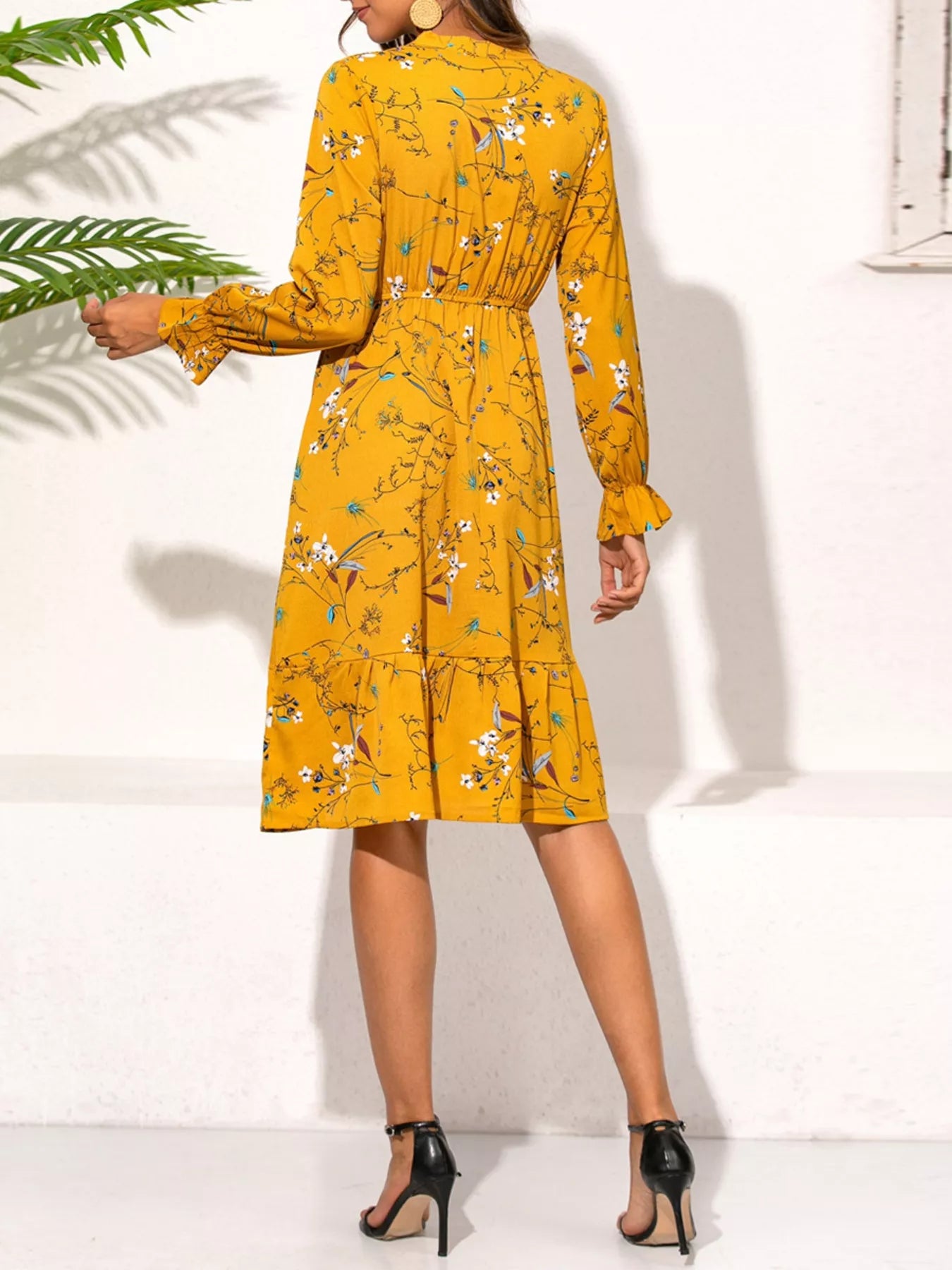 Ruffled Hem Floral Print Long Sleeve Dress