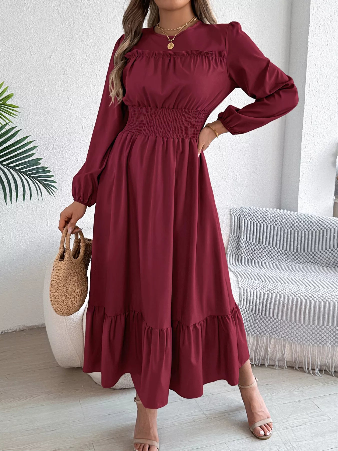 Round Neck Balloon Sleeve Tiered Dress