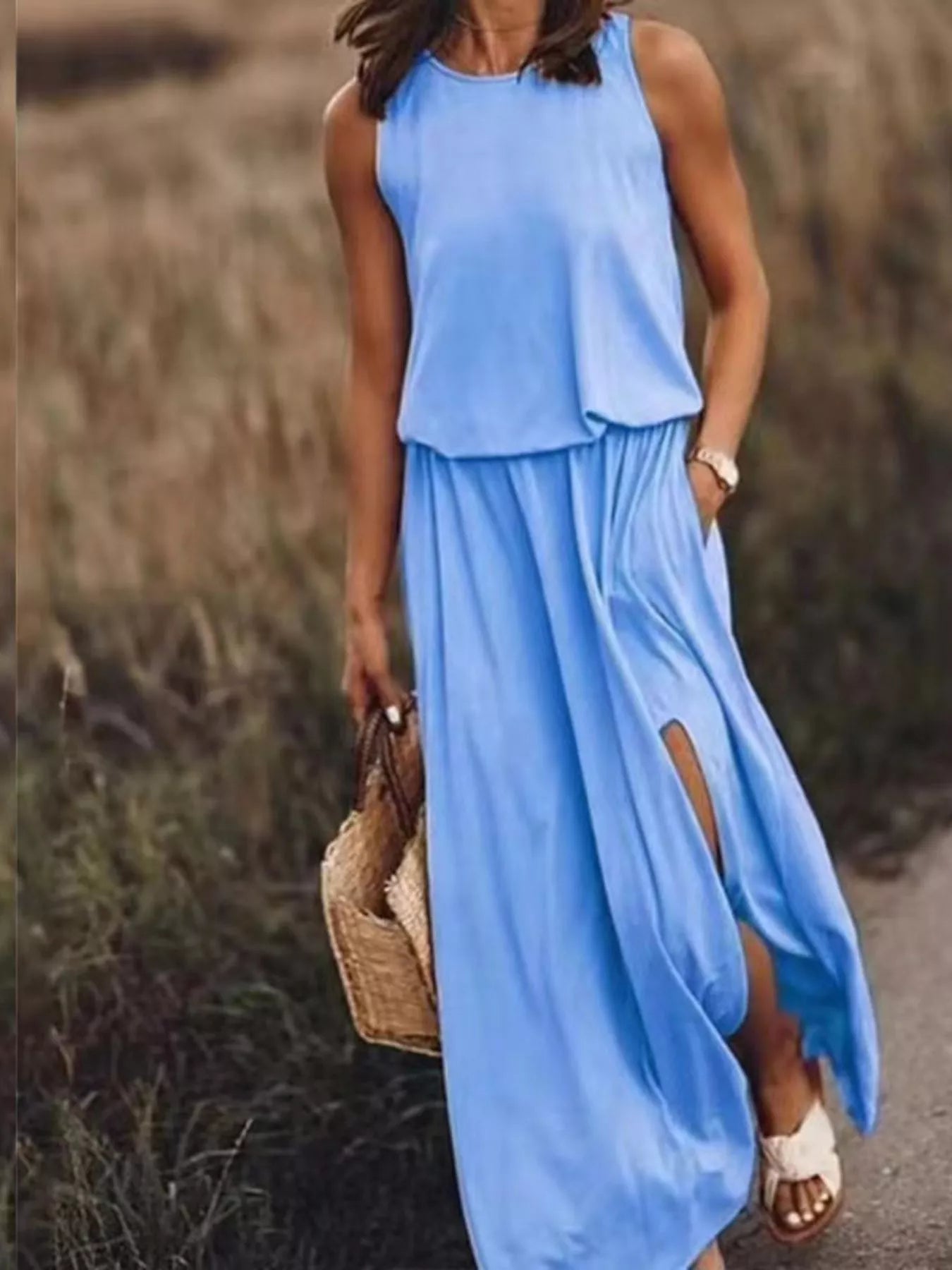 Full Size Round Neck Sleeveless Slit Maxi Dress Plus Size