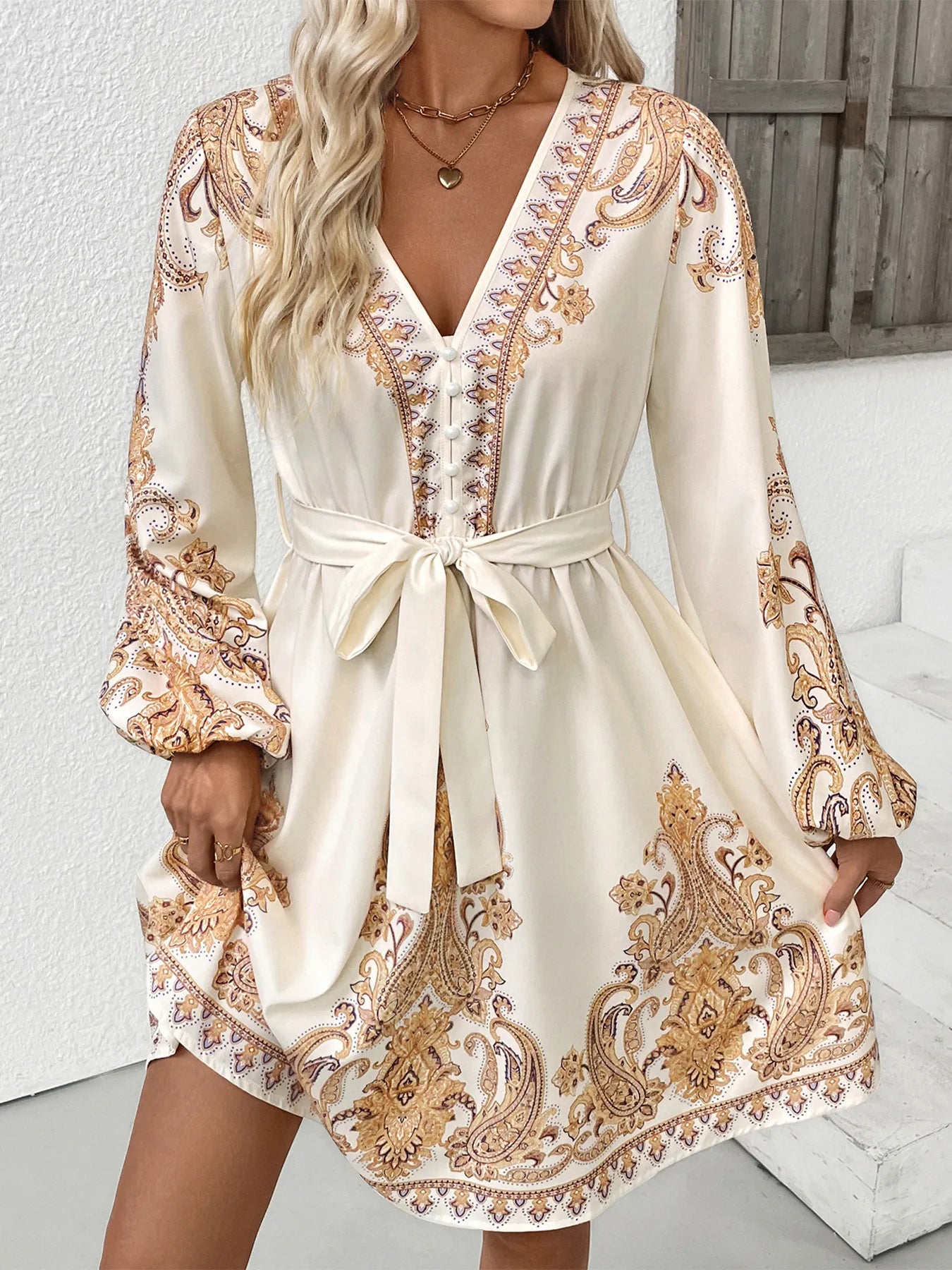 Printed Tie Waist Long Sleeve Dress
