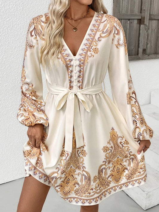 Printed Tie Waist Long Sleeve Dress
