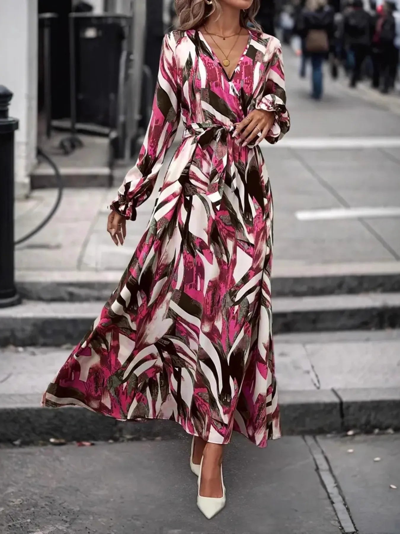 Printed Surplice Long Sleeve Maxi Dress