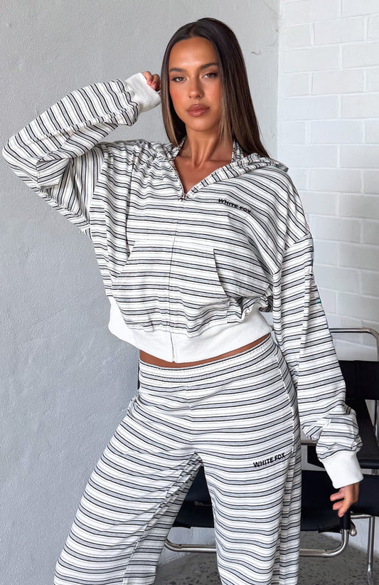 Looking Back Boxy Zip Front Hoodie White Stripe